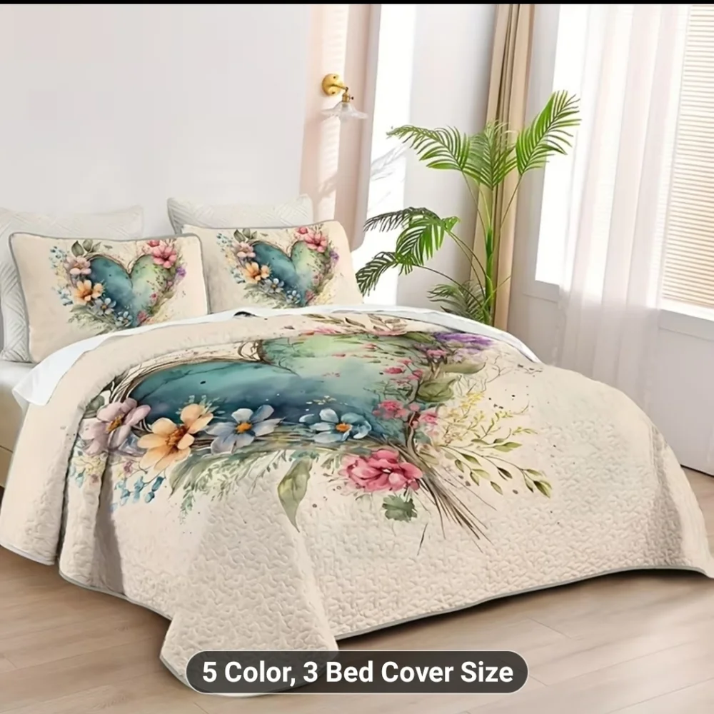 New 3pc Heart Floral Quilt Set sz Queen #1559-1323